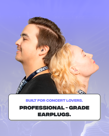 man and woman back to back wearing zound earplugs