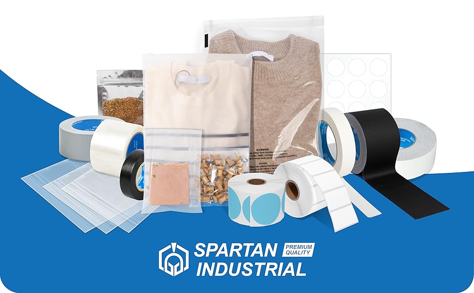 An image of various poly bags, tapes, and labels with the Spartan Industrial logo