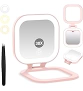 GOMIPURU Travel Mirror with Light, 1x/30x Magnifying Mirror with 3 Color Lights and Adjustable Br...