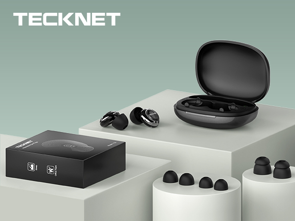Text reads 'TECKNET'. Product display showing black wireless earbuds and charging case on minimal gray pedestals.