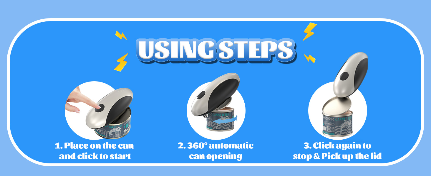 Text reads 'USING STEPS'. A diagram showing 3 steps with numbered icons and white outlines against a blue background, depicting a product usage instruction sequence.
