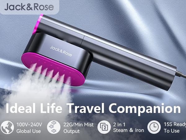 Portable electric hair brush with pink bristles and a metallic gray handle. Text reads 'Jack&amp;Rose' and 'Ideal Life Travel Companion'. Icons indicate cordless, rechargeable, and steam features.