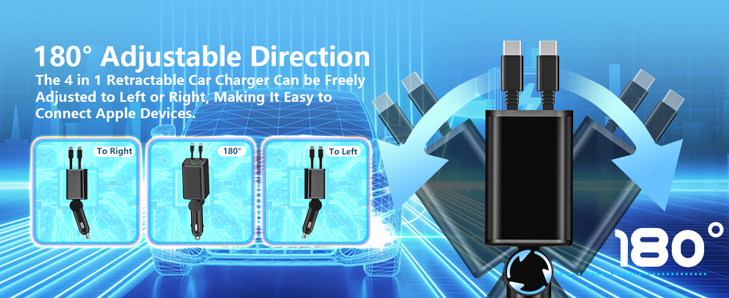 MFi Certified 120W 4-IN-1 Retractable Car Charger USB C PD/QC Type C Fast Charging Cigarette Lighter