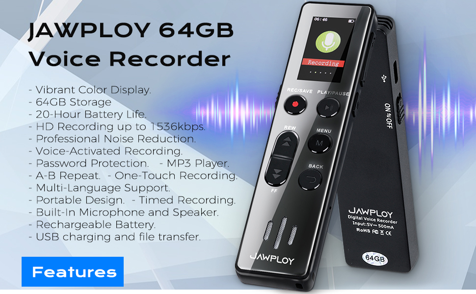 JAWPLOY 64GB digital voice recorder with playback - vibrant color display, HD recording 1536kbps
