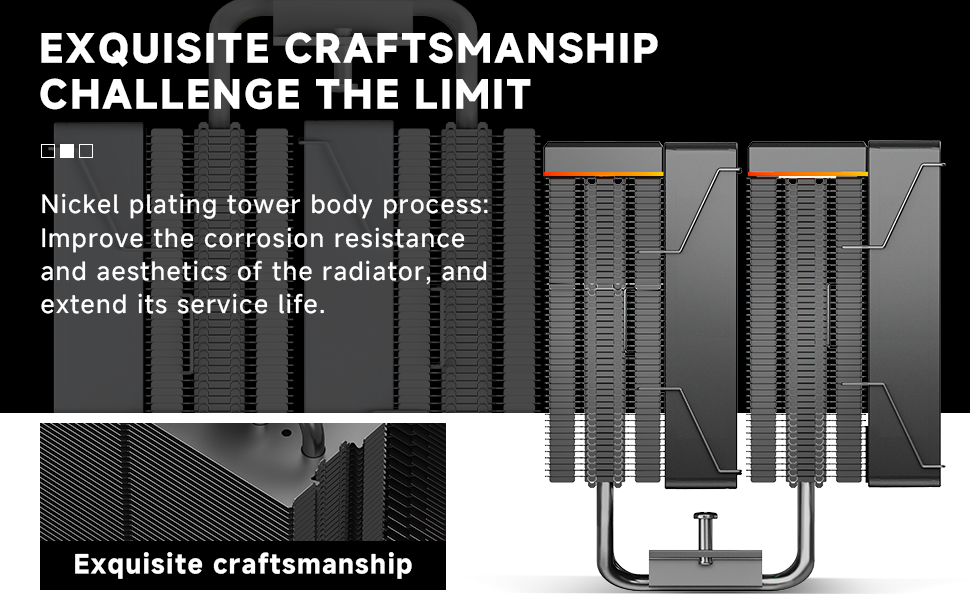 Computer cooling tower diagram showing nickel plating process. Text explains improved corrosion resistance and aesthetics. Lower image displays exquisite craftsmanship of the radiator fins.