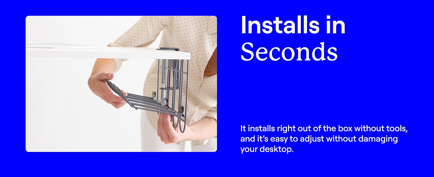 no drill wire management clamp computer cord under desk cable tray storage white powder coated metal