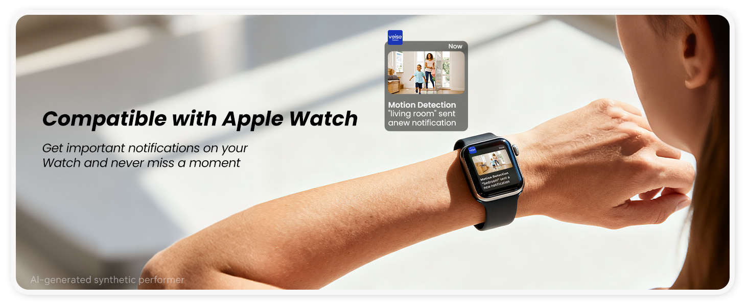 Person wearing an Apple Watch displaying a camera motion detection notification from a living room.