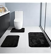 Black Bathroom Rug Set Memory Foam Bath Mats 3 Piece with Toilet Mats, Soft &amp; Supportive, Shock A...