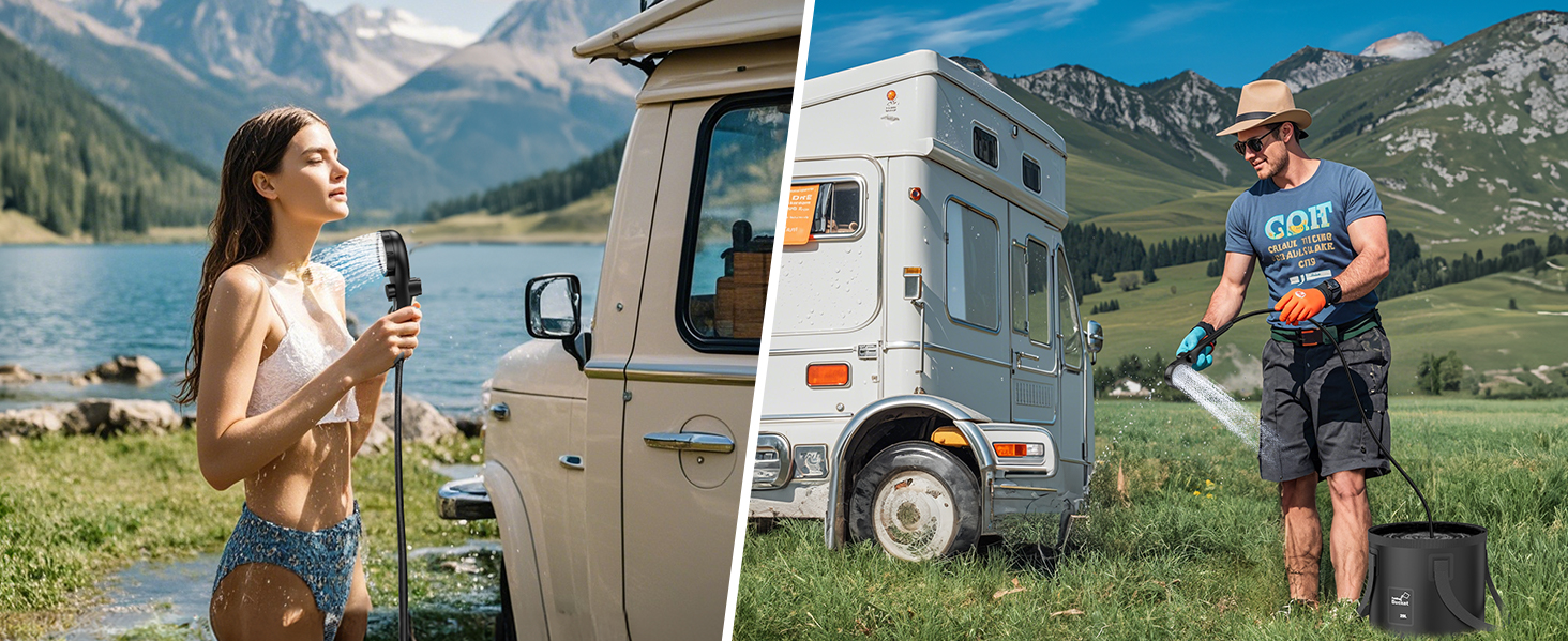indoor/outdoor showers camping, BBQ, hiking, beach, trips, bathing, pet bath, car washing