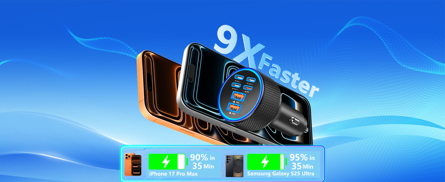MFi Certified iPhone 17 Car Charger 6Port 120W USB-C&amp;amp;USB-A Power Cigarette Lighter USB-C Car Charger