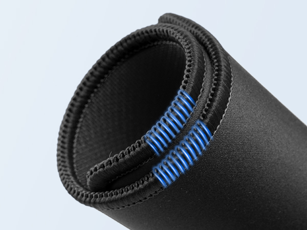 Close-up of a black elastic band with two parallel blue rubber grip lines, possibly for use in clothing or accessories.