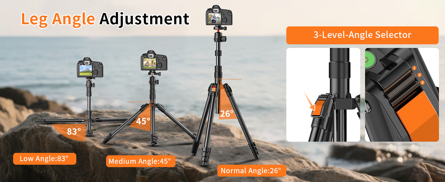 Text reads 'Leg Angle Adjustment'. Image shows tripod legs with orange adjustment mechanisms against outdoor rocky terrain with lighting equipment.