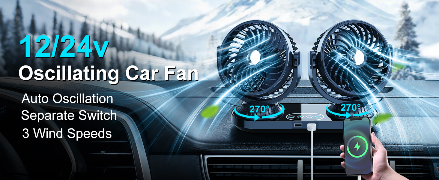 DICMKY Dual Head Auto Oscillating Car Cooling Fan for Dashboard