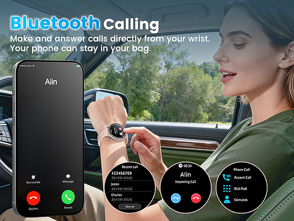 Text reads 'BLUETOOTH Calling'. Multiple screenshots showing Bluetooth calling interface on car display and smartwatch, demonstrating hands-free calling functionality.