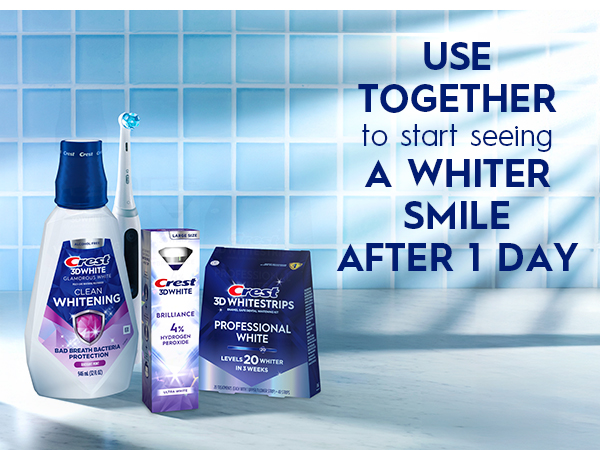 Crest 3DWhite oral care products on a bathroom counter. Use together for a whiter smile after 1 day.
