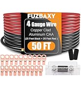 Fuzbaxy 4 Gauge Wire (25 Feet Black+25 Feet Red) Copper Clad Aluminum CCA - Primary Automotive Wi...