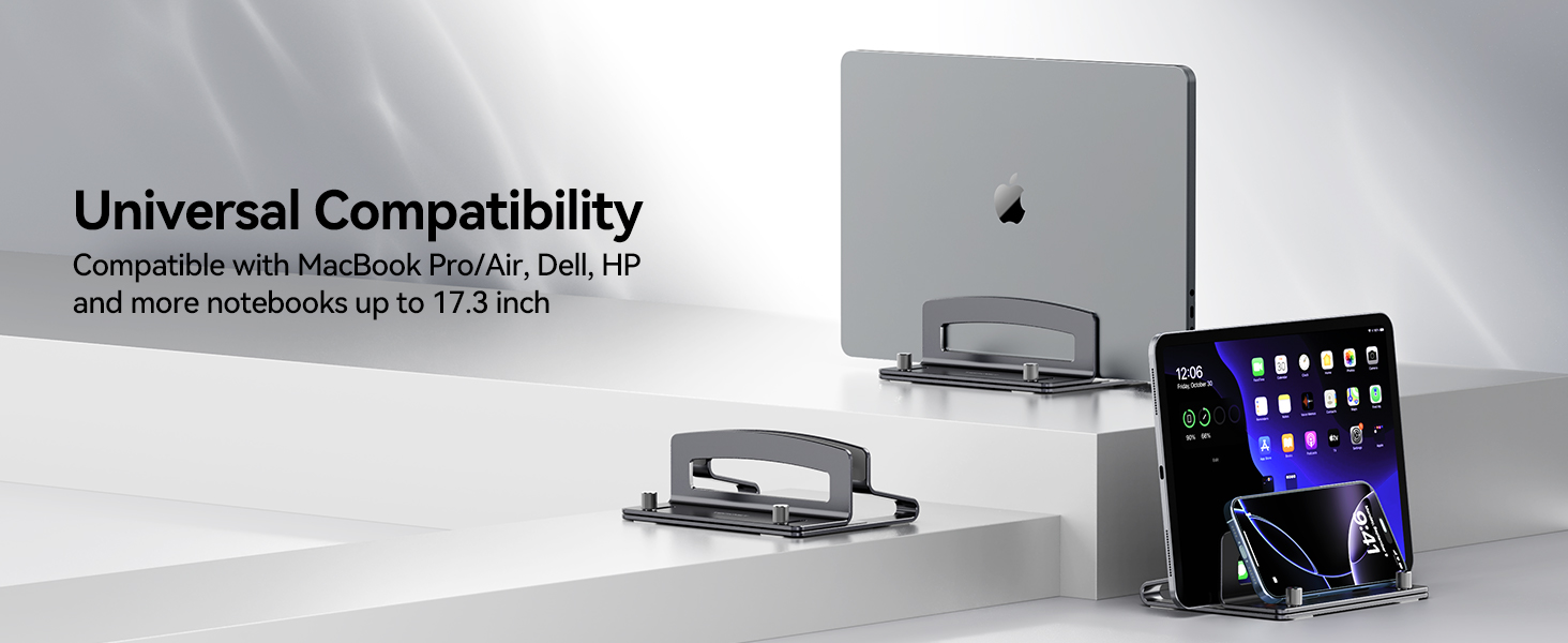 Universal compatibility-vertical computer stand fits MacBook Pro/Air, Dell, HP, and most notebooks