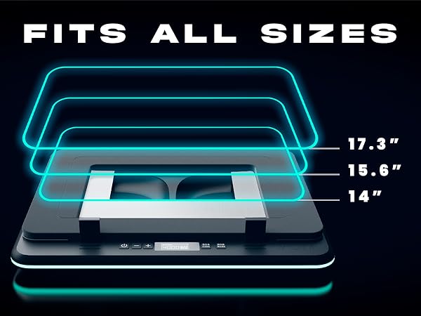 Text reads: 'FITS ALL SIZES'. Product display showing three nested blue-outlined rectangles labeled with dimensions: 17.3", 15.6", and 14" against dark background.