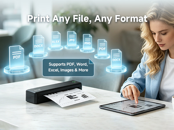 Woman uses the A8 portable document printer to print PDF, Word, Excel, and image files from a tablet