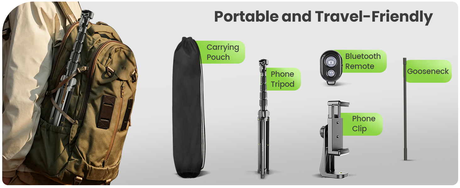 Package includes: phone tripod, gooseneck, phone holder, Bluetooth remote, drawstring pouch.