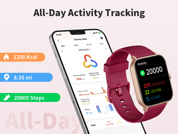 Pedometer, IP68 Waterproof Watches for Android iPhone, 101+ Sport Modes