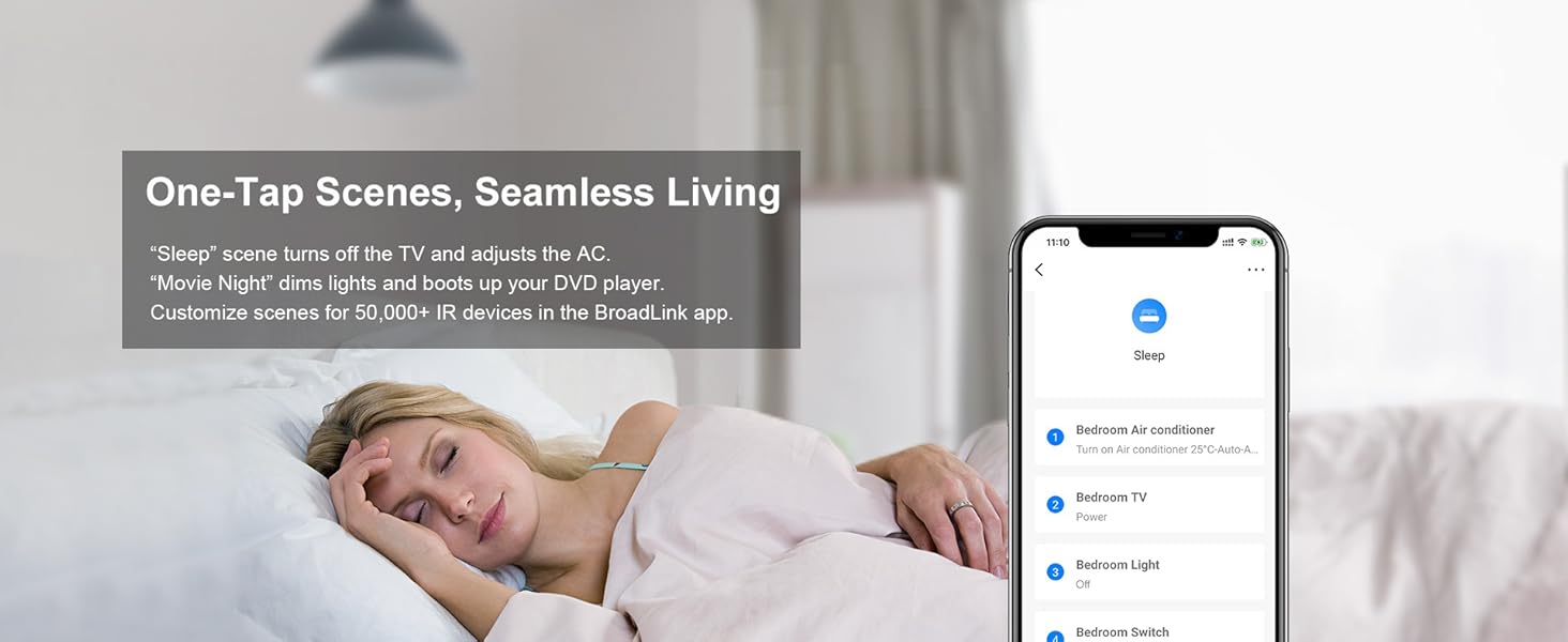 Split image showing a person sleeping and a smartphone displaying a home automation app interface with options for controlling lights and scenes.