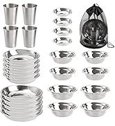 TOPZEA Set of 26 Stainless Steel Camping Plates and Bowls, Camping Mess Kits Camping Dish Set Tab...