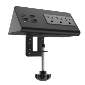 Black Power Strips for Desk Edge Mount with Clamp Power Charging Station for Nightstand