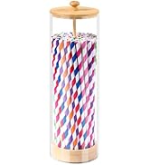 VEGEVIGI Acrylic Straw Holder For Counter With Bamboo Lid, Straw Dispenser Organizer For Home, Cl...