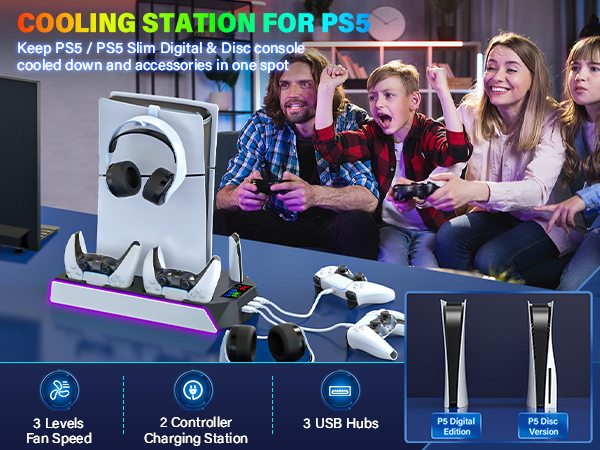 PS5 Slim Cooling Station with Controller Charging Station for Playstation 5 Console Disc/Digital,