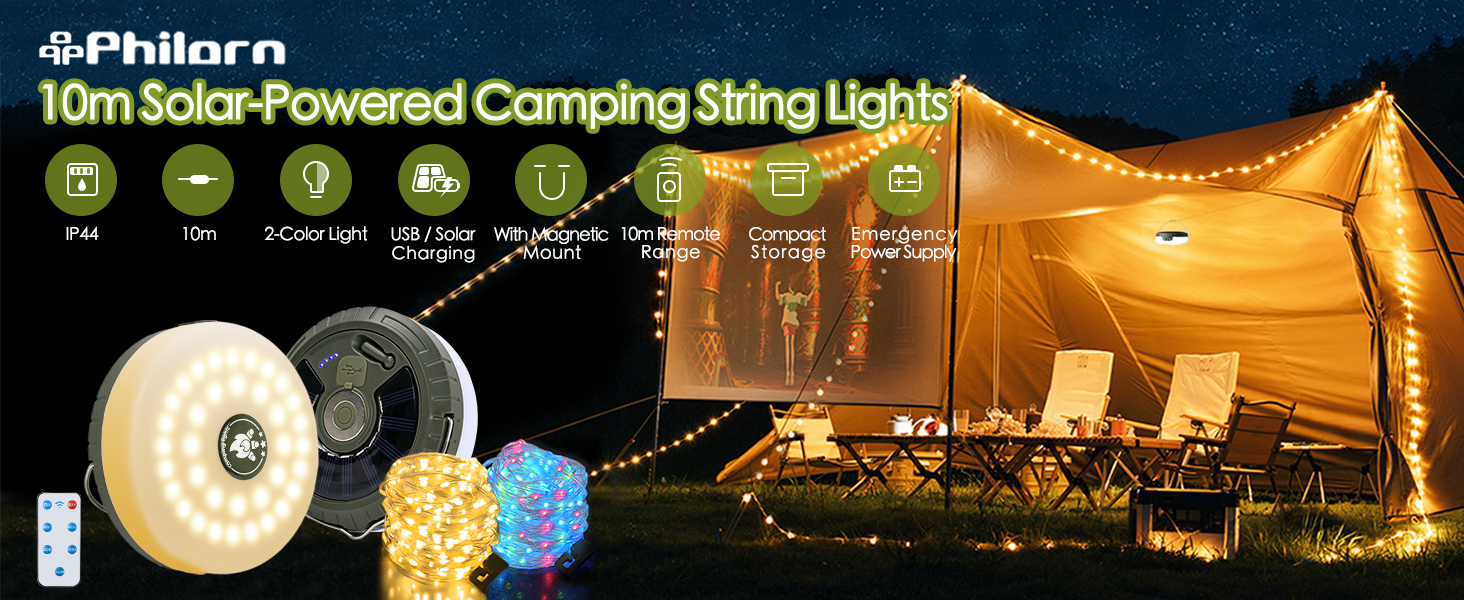PHILORN Solar Camping String Lights