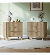 Evermagin 31.5“W Oversized Large Fluted Nightstands Set of 2, 3 Drawer Light Wood Night Stand Bed...