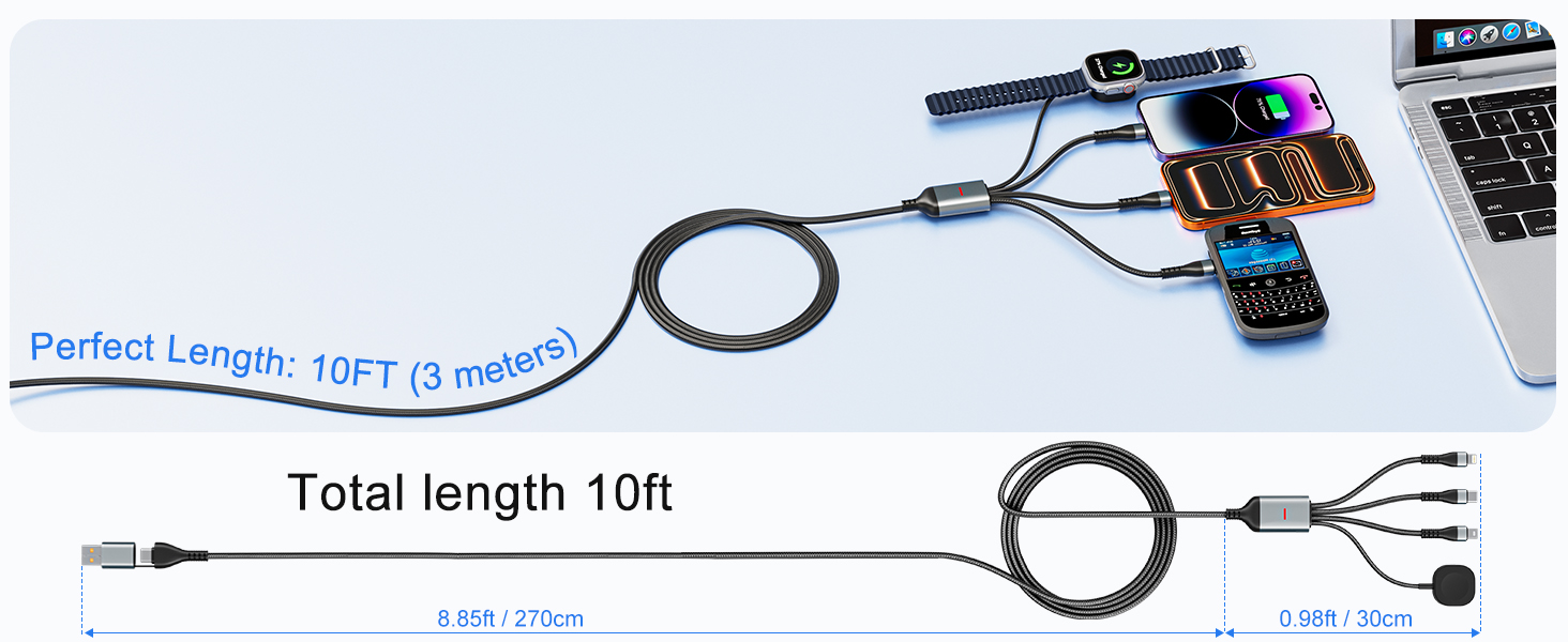 This 10ft 4 in 1 charging cable can be used to charge on the sofa, in bed, or in the living room.