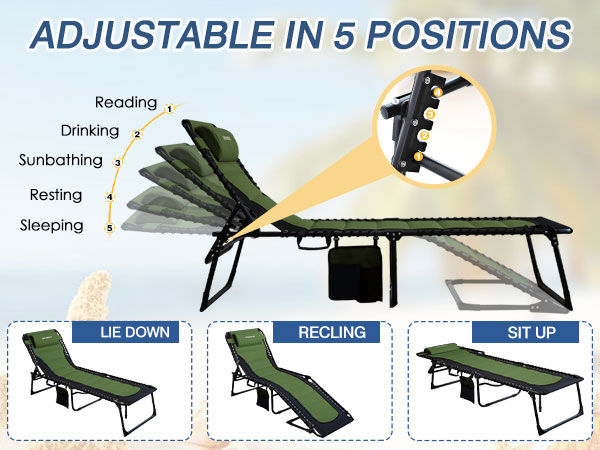 Adjustable outdoor lounger with 5 positions: reading, drinking, sunbathing, resting, sleeping. Features lie down, reclining, and sit up modes. Green fabric on black frame with side pocket.