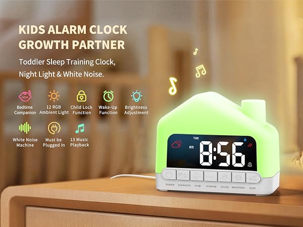 Text reads 'KIDS ALARM CLOCK', 'GROWTH PARTNER', 'Toddler Sleep Training Clock', 'Night Light &amp; White Noise', with feature icons. White and green device displaying '8:56' on dark nightstand with ambient lighting and feature symbols.