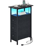 TRIFEBLE End Table with Charging Station, Narrow Side Table with 3 Fabric Drawers, Skinny Nightst...