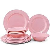 LEHAHA Pink Dishes Melamine Dinnerware Sets, 12 Piece Kitchen Plates and Bowls Dinnerware Sets, L...
