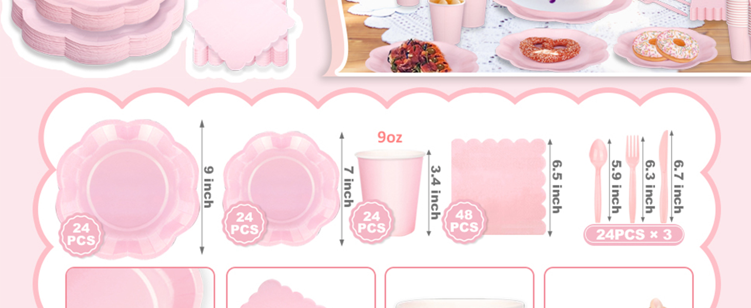 pink scalloped plates,pink paper plates and napkins,pink birthday plates and napkins set