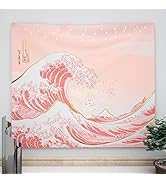 Ovenbird Wave Tapestry Pastel Pink and Gold, Japanese Tapestry for Bedroom Aesthetic, Pink Tapest...