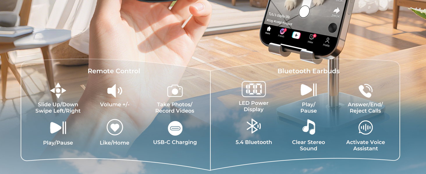 xihama B5 Tiktok Scrolling Remote Control with Wireless Earbuds