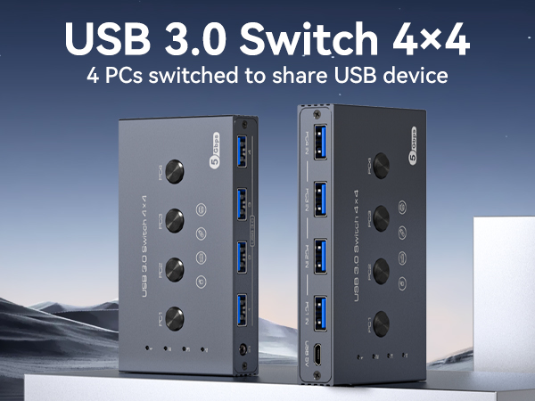 USB 3.0 Switch 4x4 device. Metal housing with multiple USB ports. Text indicates it can switch 4 PCs to share USB devices.