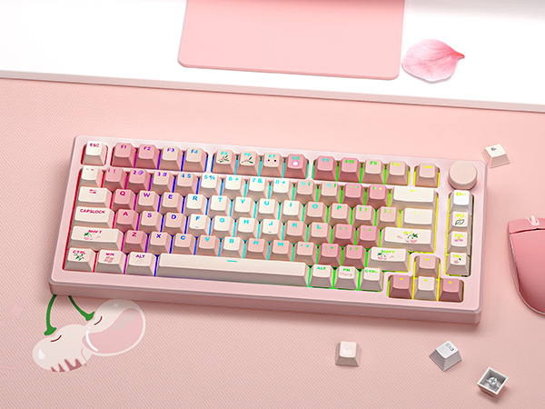 a gradient of pink hues and some have cute patterns on the keycaps