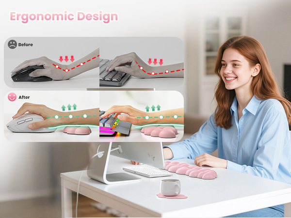 Ergonomic wrist rest for keyboard and mouse. Diagram shows improved hand posture. Pink cushion supports wrist during computer use. Woman demonstrates product at desk.