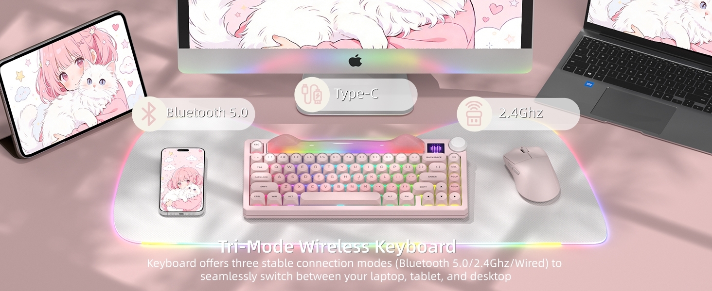 75% Wireless Mechanical Keyboard with Screen and Knob, Pink Cat Creamy Bluetooth Gaming Keyboard
