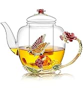 46oz/1300ml Large Enamel Teapot With Infuser,Floral Glass Teapot With Red Rose Flower Butterfly,R...