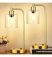Lynnoland Set of 2 Industrial Table Lamps with USB Port, Gold Fully Stepless Dimmable Bedside Lam...