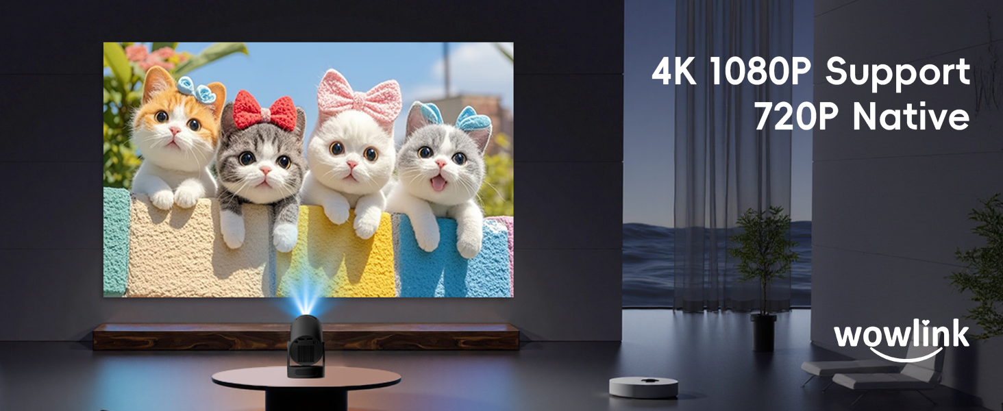 Projector displaying image of four cats on large screen. Device supports 4K 1080P and 720P native resolution. Wowlink brand logo visible.