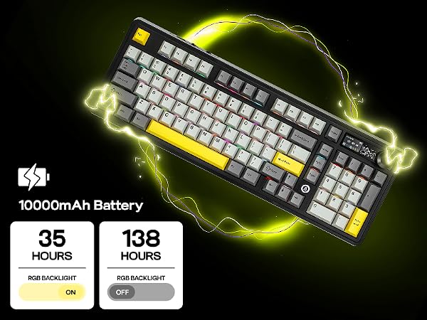 Text reads '35 HOURS 138'. Gaming keyboard with yellow-green glowing effects shown against black background, featuring mechanical keys and RGB lighting.