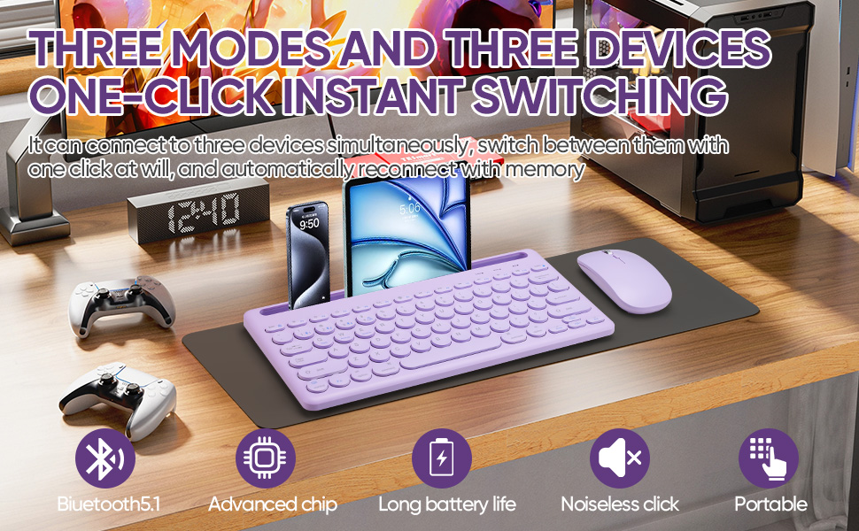 Wireless Keyboard and Mouse Combo with Phone Tablet Holder,