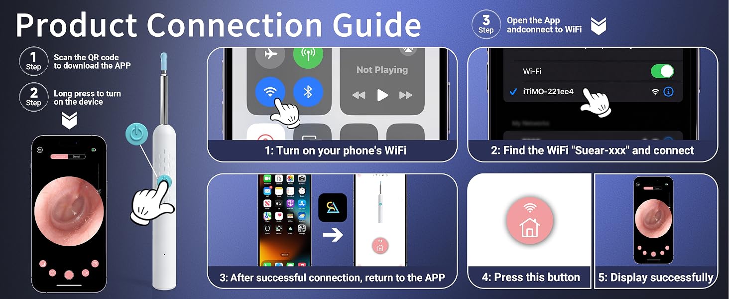 Product connection guide showing 5 steps to connect the wireless ear camera app via phone WiFi.